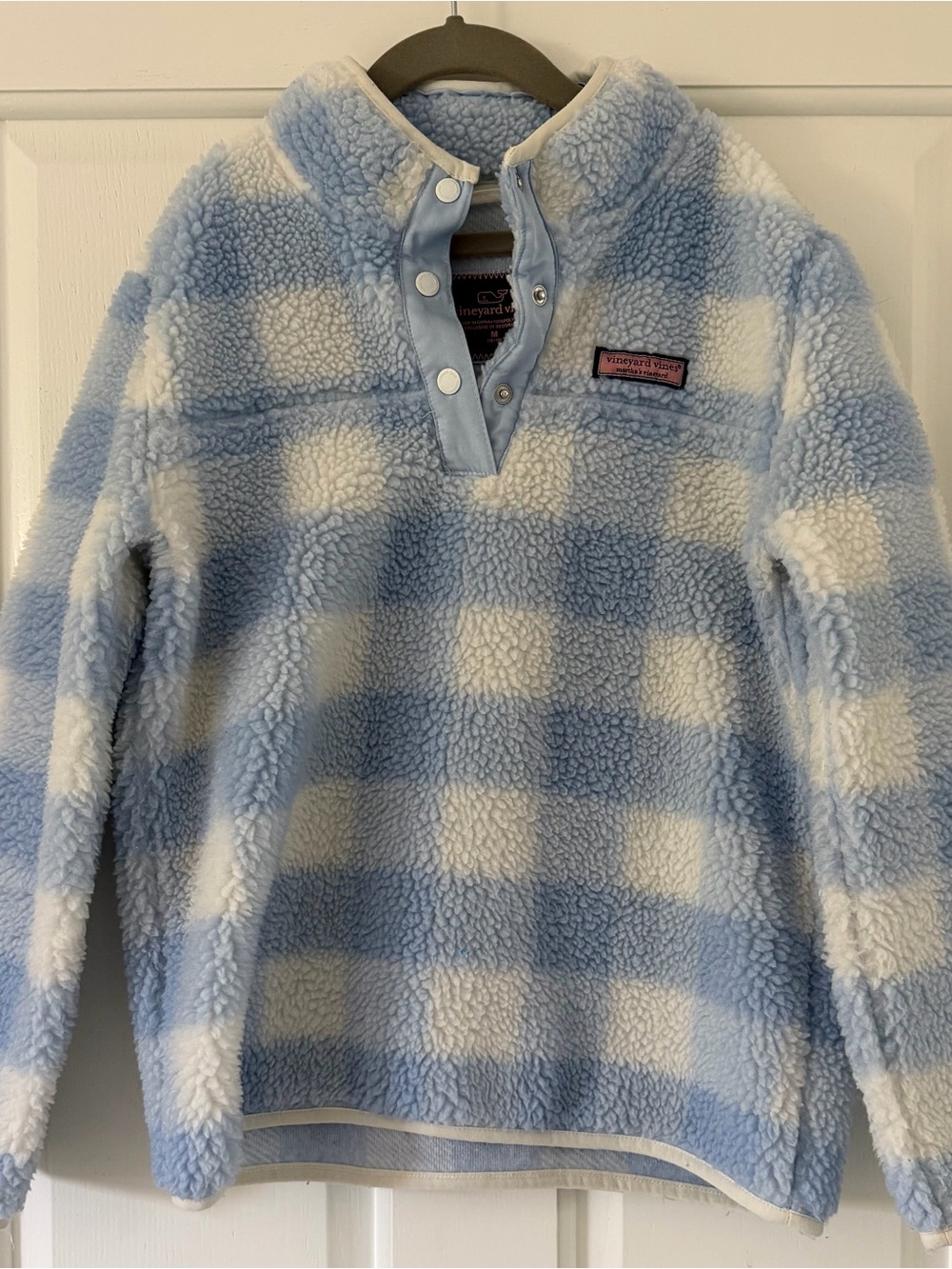 Vineyard Vines Light Blue and White Buffalo Check Sherpa Snap Pullover